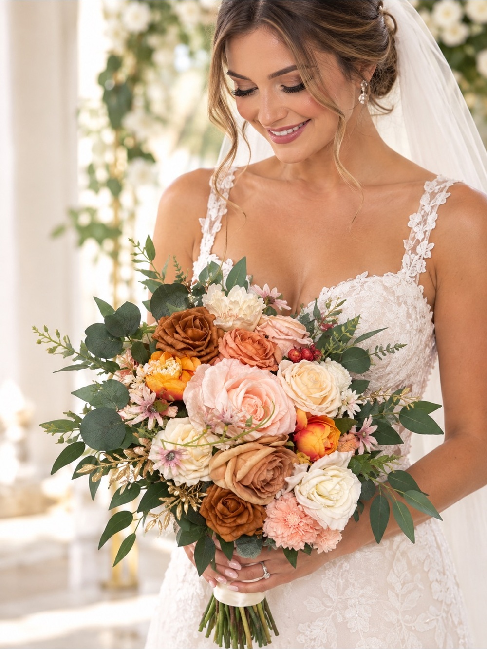 Silk Flower Box & Two Arch Arrangements in Terracotta Orange & Cream & Greenery